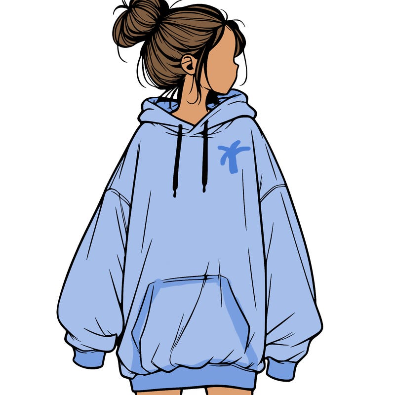 realistic girl with a oversized sweatshirt on and a bun