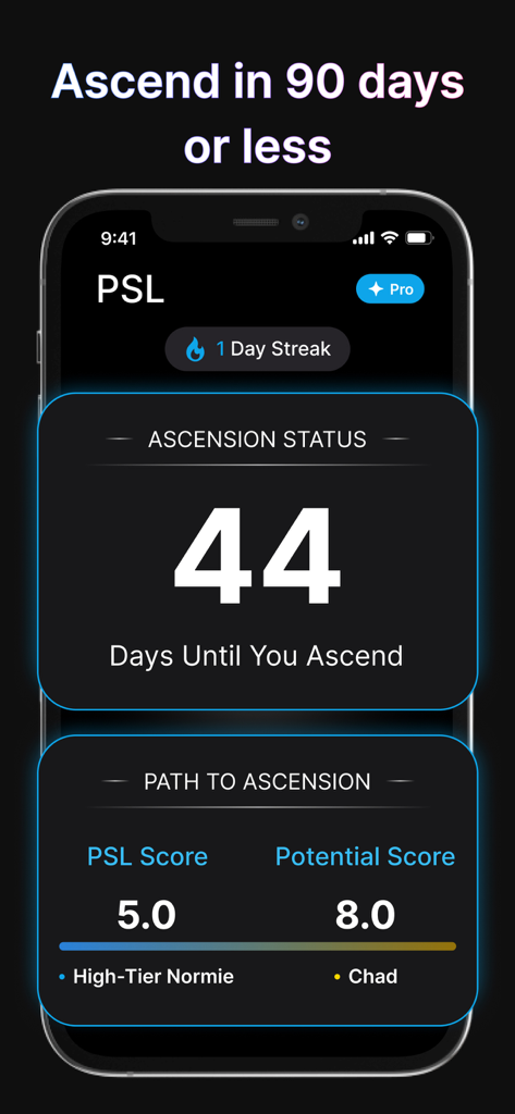 PSL AI-Jawmax,Looksmax & Mog - Mobile app screen showing the PSL AI looksmax score and potential score for reaching chad status