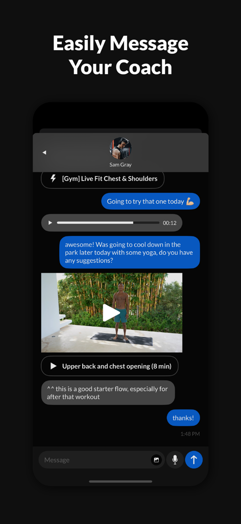 MyCoach Ai - MyCoach Ai app screenshot showing a direct messaging interface for communicating with a fitness coach.