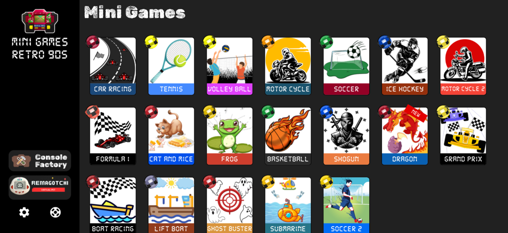 Mini Games Retro 90's - Écran de sélection de divers mini-jeux style rétro des années 90, y compris des sports et des courses.