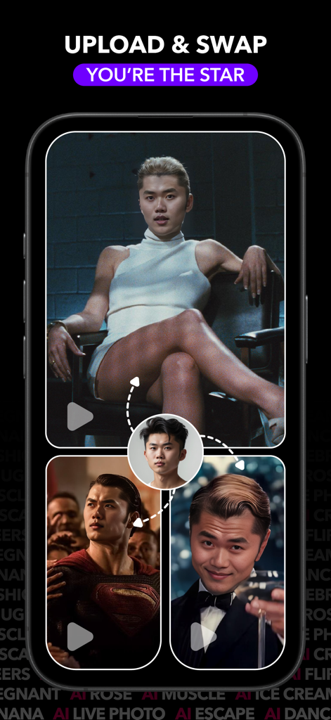 Facetrix app interface demonstrating the AI face swap feature with viral movie scene templates