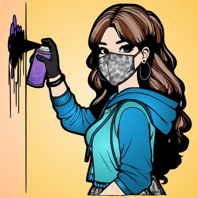 realistic girl with mask spray painting a wall