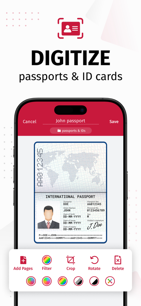 SwiftScan AIアプリのインターフェースで、トリミングやフィルターなどの編集ツールを使用してパスポートをデジタル化する様子を表示