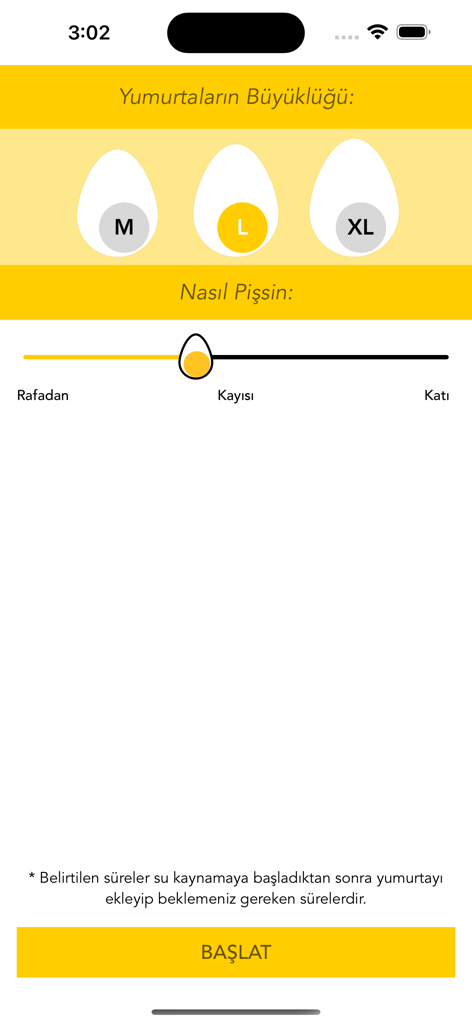 Mobile app interface for an egg timer showing size options M, L, and XL and a consistency slider for soft, medium, or hard boiled eggs