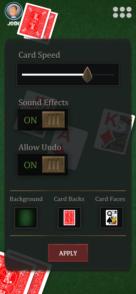 Card Game Joker - Settings menu for Card Game Joker showing options for card speed, sound effects, and card design customization