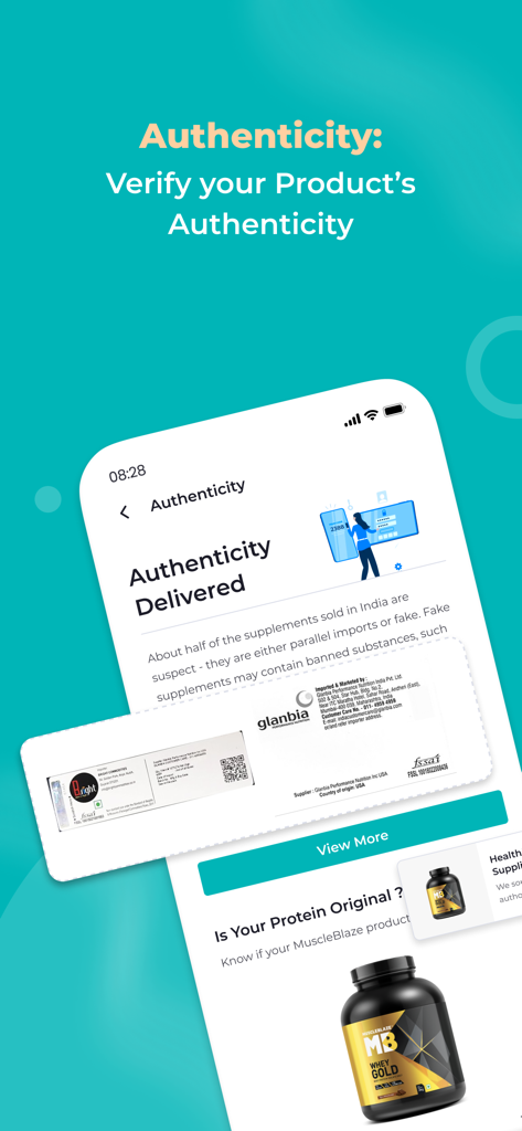 HealthKart app screen showing how to verify supplement authenticity for original products