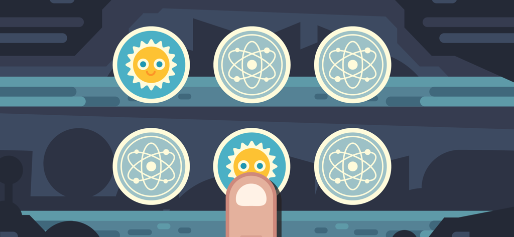 Interactive memory game screen with sun and atom icons in the Sprotarnir educational app