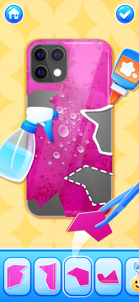 모바일 게임 화면에서 접착제와 세척 스프레이를 사용하여 금이 간 핑크색 폰 케이스를 수리하는 방법을 보여줍니다