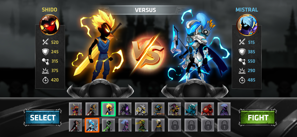 Tela Versus em Stickman Legends apresentando os personagens Shido e Mistral com estatísticas e menu de seleção