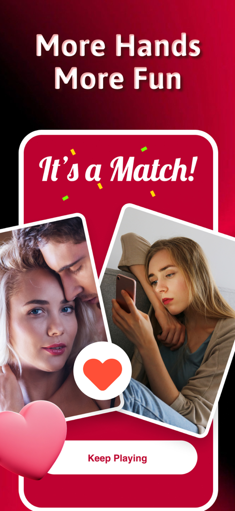 A match screen on the 3rder app displaying a couple and a single woman with the tagline More Hands More Fun