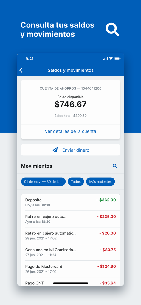 Banco del Pacífico - Interfaz móvil de Banco del Pacífico mostrando el saldo de la cuenta de ahorros y el historial de transacciones
