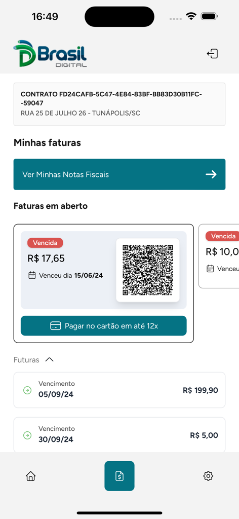 Brasil Digital Telecom mobile app screen showing open and future invoices with a QR code for payment