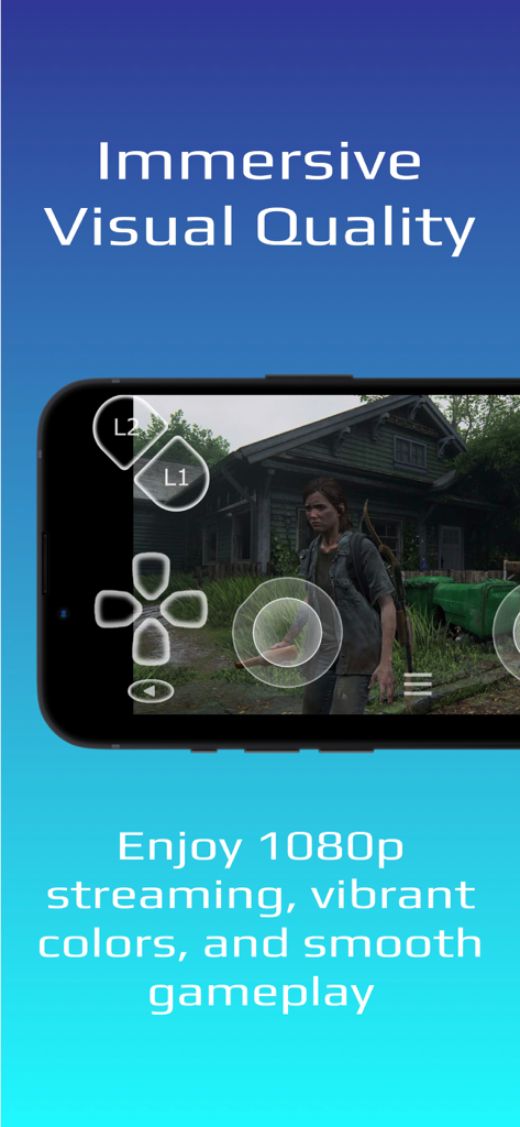 PXPlay: Remote Play - Pantalla de smartphone mostrando PXPlay con calidad de transmisión 1080p y controles virtuales