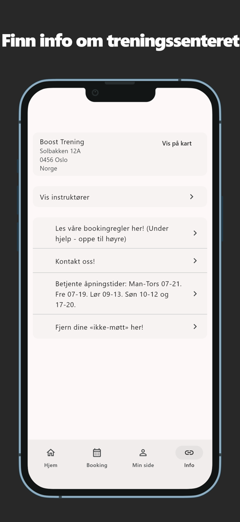Boost Trening - Pantalla de información de la aplicación Boost Trening que muestra la ubicación del gimnasio, los detalles de contacto y el horario de apertura.