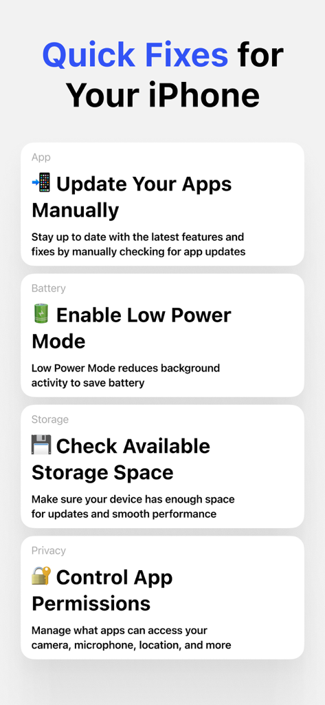 Update Apps in My Phone - A dashboard listing quick fixes for iPhone including app updates and storage checks