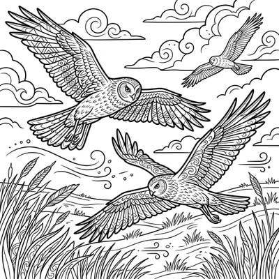 Discover the serene beauty of harrier birds soaring through open skies with this engaging coloring page. Designed specifically for seniors, it offers clear lines and intricate details for a relaxing and rewarding creative experience.