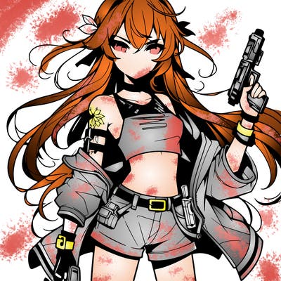 bad girl wearing crop top holding a gun long hair anime