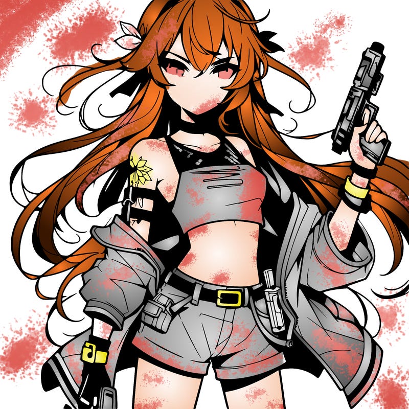 bad girl wearing crop top holding a gun long hair anime