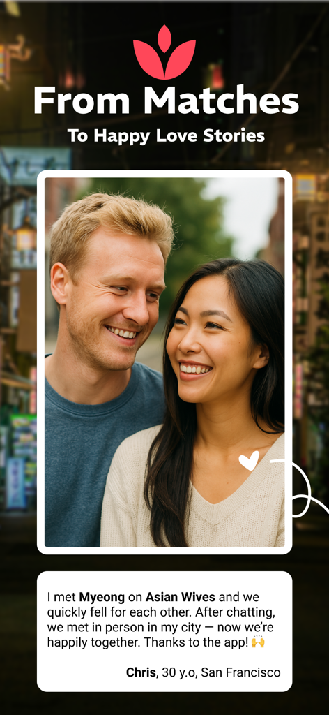 Asian Wives - Online Dating - A happy interracial couple smiling together representing a success story from the Asian Wives dating app.