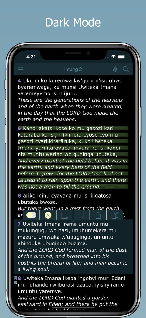 Kinyarwanda Bible app displaying scripture in dark mode