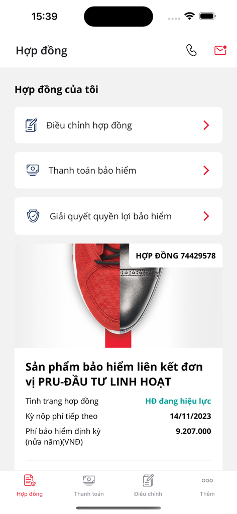 PRUonline - PRUonline mobile app interface displaying insurance contract management options and policy details