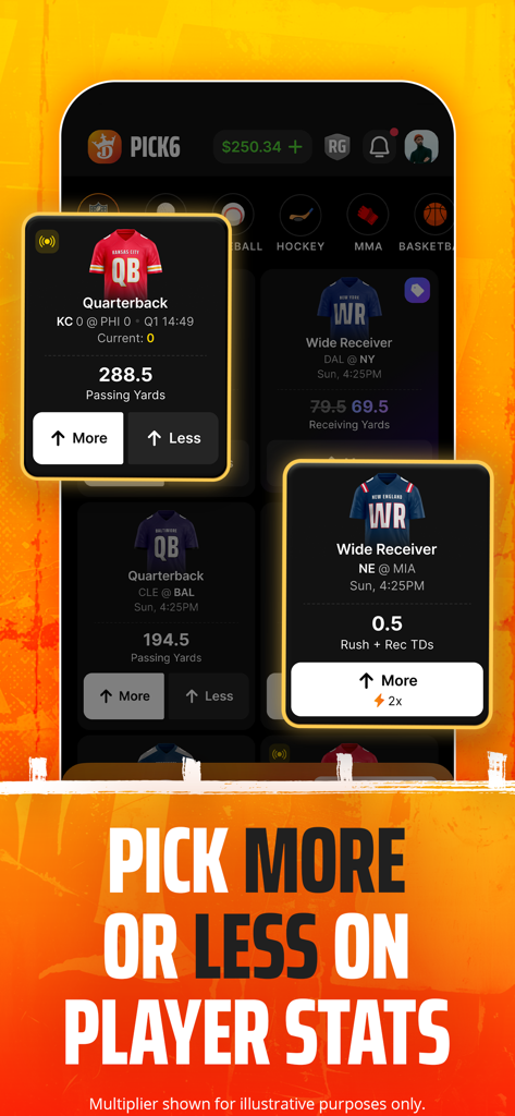 Pick6 DraftKings Fantasy Picks - DraftKings Pick6 app screen showing more or less options for player stat projections