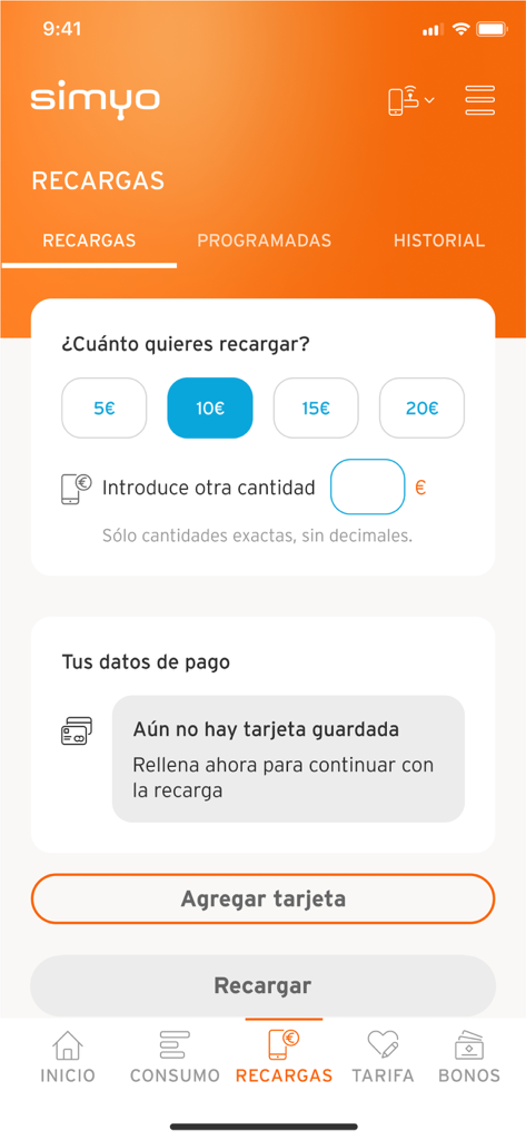 Interface móvel do aplicativo Simyo mostrando opções para recarregar crédito pré-pago em Euros.
