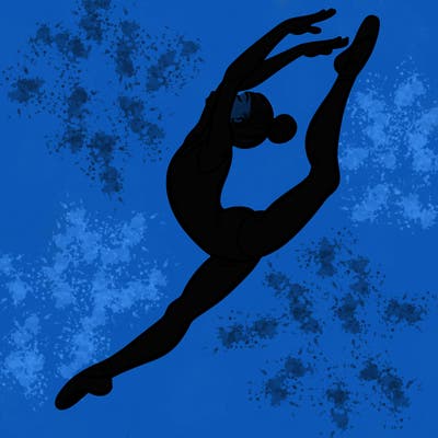 gymnast doing a leap in a leotard with a bent back leg