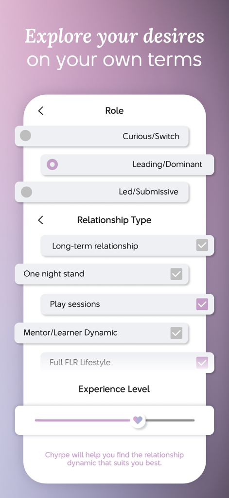 Chyrpe: Female-Led Dating - Captura de tela do aplicativo Chyrpe mostrando opções para papéis de relacionamento como Liderando ou Dominante e tipos de relacionamento, incluindo Estilo de Vida FLR Completo