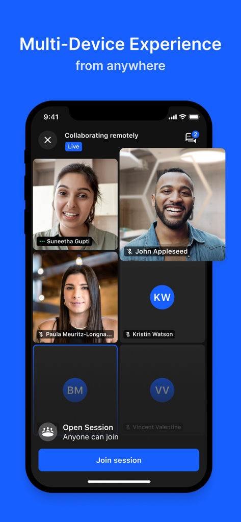 RingCentral Events - RingCentral Events app interface showing a live remote collaboration video session with multiple attendees