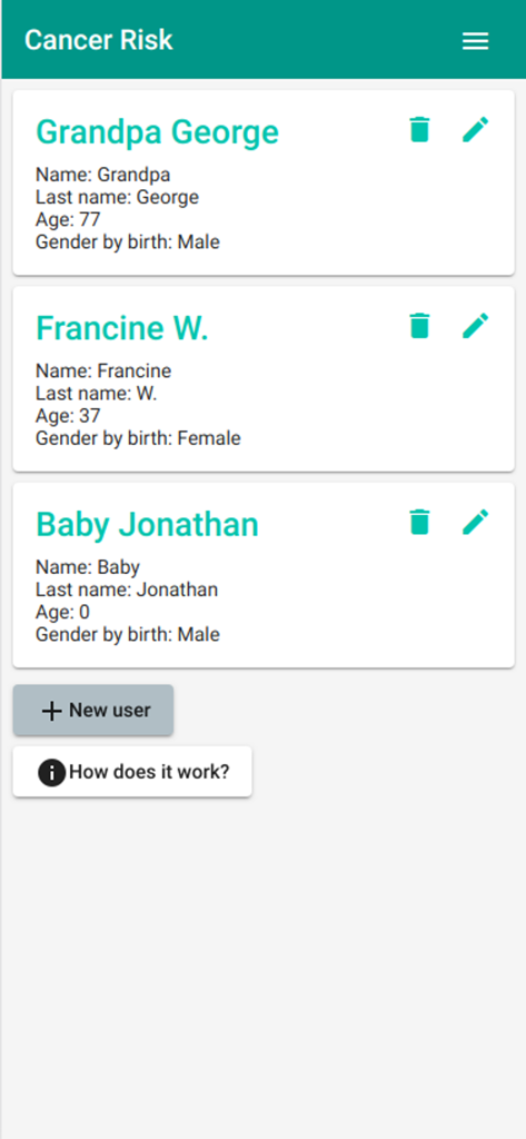 User profile selection screen showing multiple managed family members in the Cancer Risk Calculator app