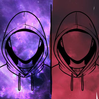 a person with a hoodie and no face, the drawing is split in 2