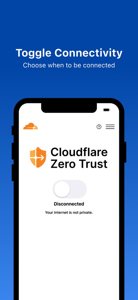 Cloudflare One Agent mobile app interface showing the Zero Trust connectivity toggle in a disconnected state