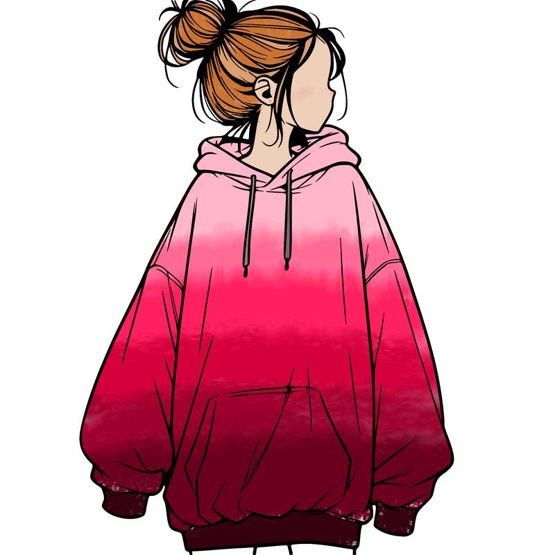 realistic girl with a oversized sweatshirt on and a bun