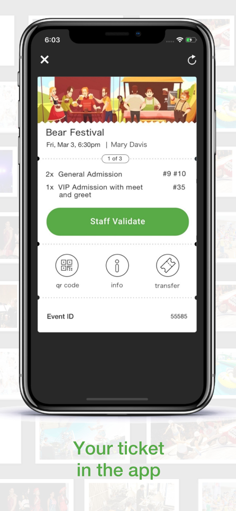 Biglietto digitale per l'evento Bear Festival visualizzato nell'interfaccia dell'app mobile Peatix.