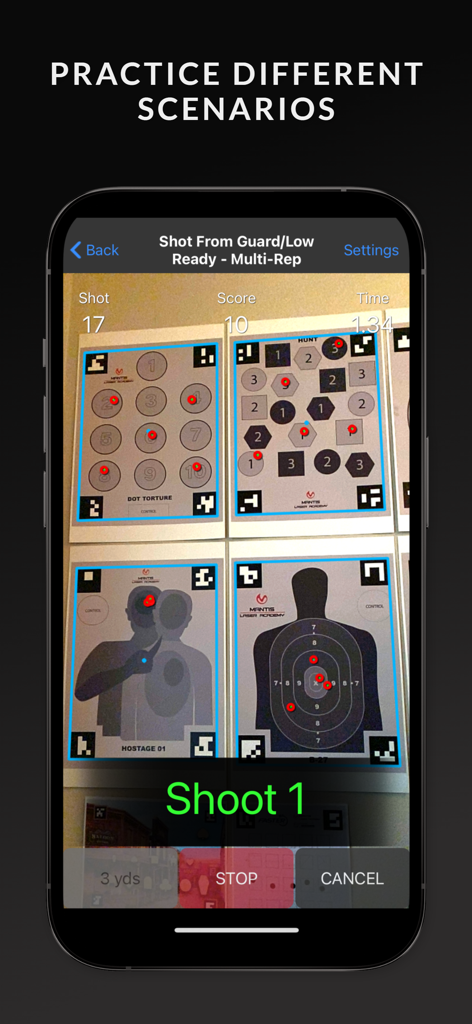 Mantis Laser Academy - Mantis Laser Academy app interface showing multiple smart targets and shooting practice scenarios on a smartphone