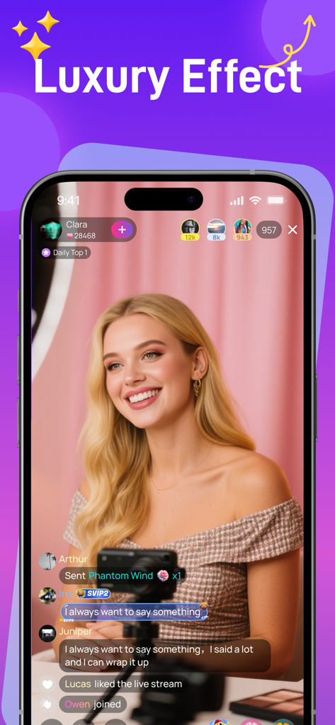 Kiti Live - A Stage to Shine - Kiti Live 앱에서 인터랙티브 채팅 및 선물 기능을 보여주며 라이브 스트림 세션 중에 웃고 있는 여성 크리에이터