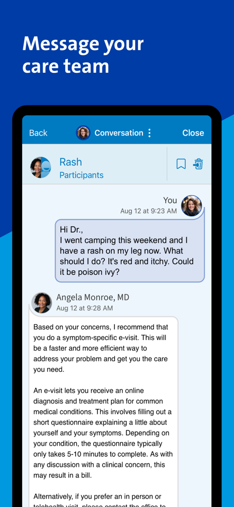 MyNorthwell - Interface of the MyNorthwell app showing a secure message conversation between a patient and a medical professional