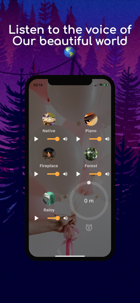 Nature Sounds : Relax & Calm - Interfaz de la app Sonidos de la Naturaleza mostrando opciones de mezcla de sonido con deslizadores de volumen y un temporizador de sueño
