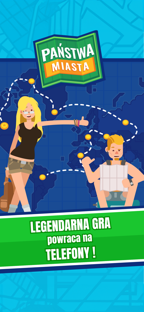 Państwa Miasta - Panstwa Miasta mobile game home screen with cartoon travelers and a world map background