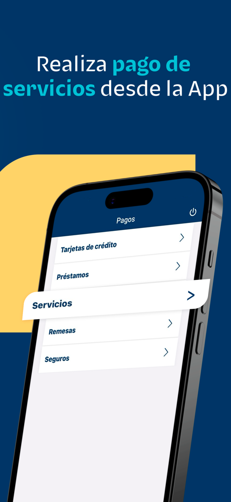 Bi en Línea - Interfaz de la aplicación Bi en Línea que muestra el menú de pagos con opciones para tarjetas de crédito, préstamos y pago de facturas.