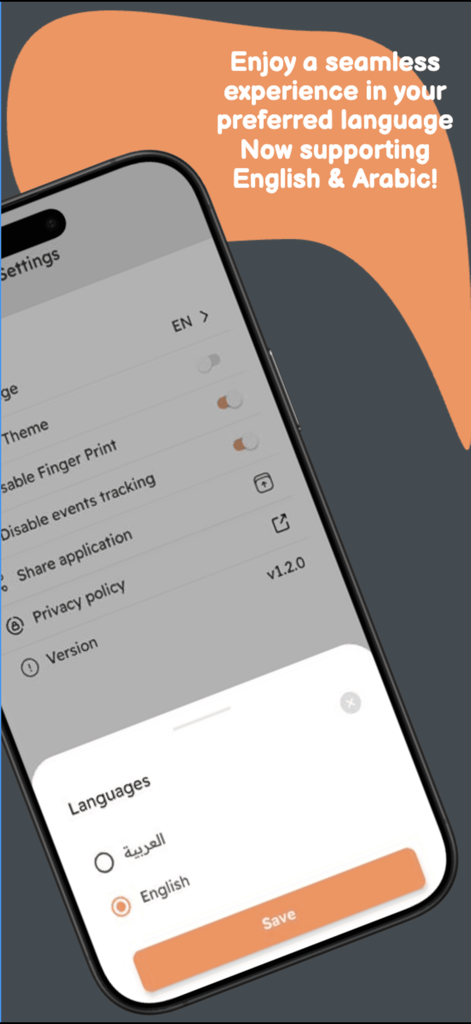 Sentinel Report - Pantalla de configuración de la aplicación Sentinel Report que muestra opciones de idioma para inglés y árabe