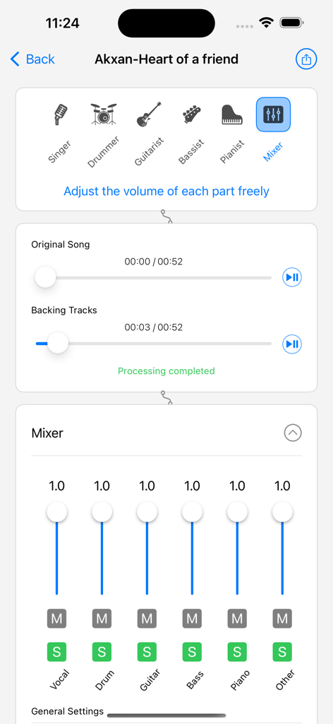 Music Backing Tracks - A mobile app interface showing an audio mixer with separate volume sliders for vocals, drums, guitar, bass, and piano stems.