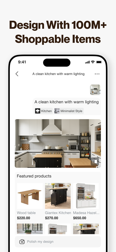 AI Home Design: Decofy - AI home design app showing a minimalist kitchen with shoppable furniture and real prices