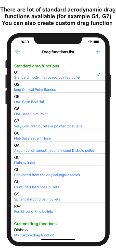 Interface of Chairgun Elite app displaying a list of standard and custom ballistic drag functions for precision shooting