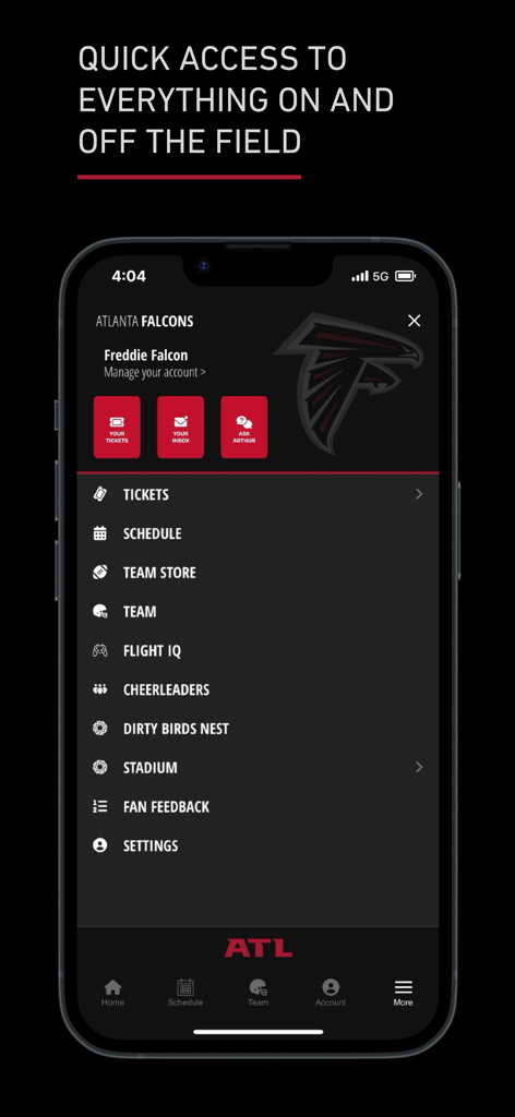 Atlanta Falcons - The Atlanta Falcons app menu screen displaying links to tickets, schedule, team store, and stadium details