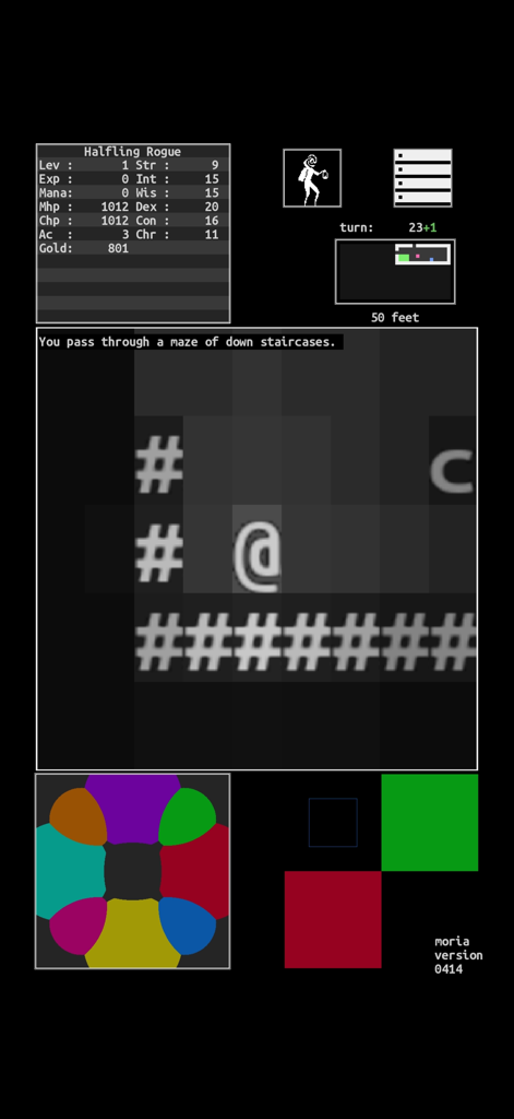 Mines of Moria - Gameplay screen of Mines of Moria showing character stats and ASCII dungeon exploration