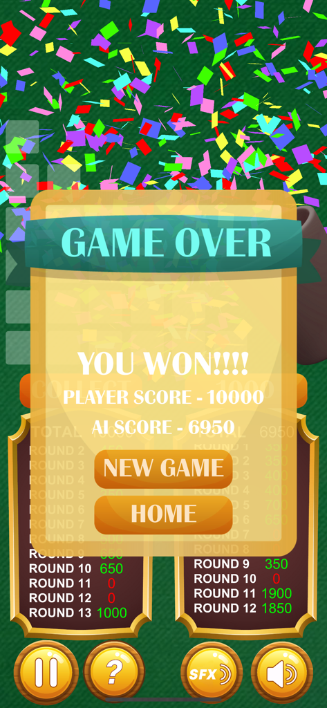 10000 Dice game Pro - Win screen of 10000 Dice Game Pro showing player victory with 10000 points against AI