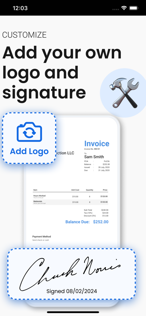 Invoiceto : Invoice Generator - Mobile app screen showing how to add a custom logo and digital signature to professional invoices