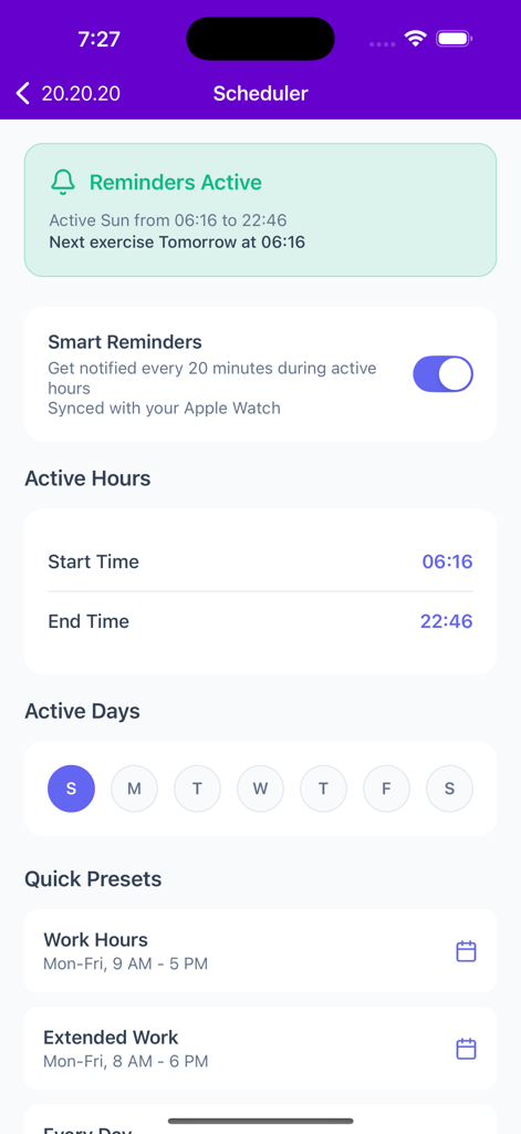 20.20.20: Eye Care & Tracker - La schermata di pianificazione dell'app 20.20.20 per la cura degli occhi che mostra gli interruttori di promemoria e le impostazioni delle ore attive